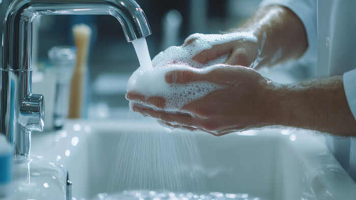 Warm water voor het wassen van handen wordt via warmterecuperatie door een compressor geproduceerd.